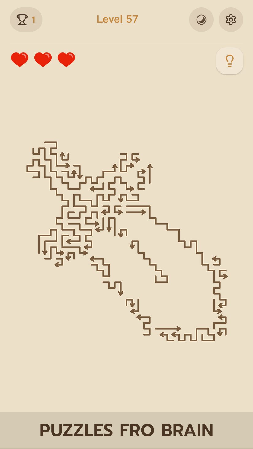 Arrow Hit puzzle screenshot with brain themed shape